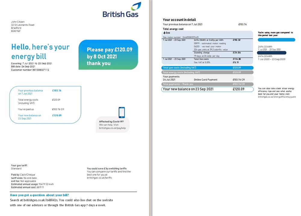 United Kingdom British Gas utility bill template in Word and PDF format (2 pages), version 3